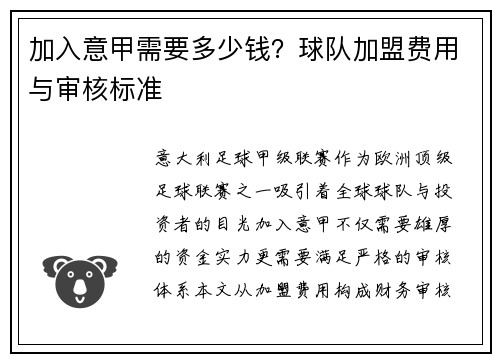 加入意甲需要多少钱？球队加盟费用与审核标准